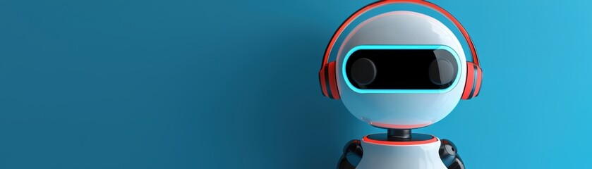Tech task learning assistant,A modern robot with headphones stands against a turquoise background, embodying technology and entertainment in a playful design, AI