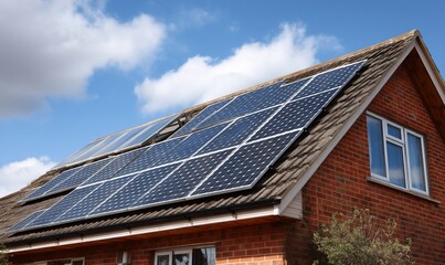 Fototapeta premium Solar panels on a house roof under a partly cloudy sky