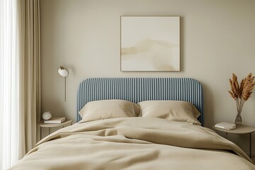 Obraz premium Minimalist Bedroom Interior with Light Blue Bedhead, Beige Linens and Wall Art