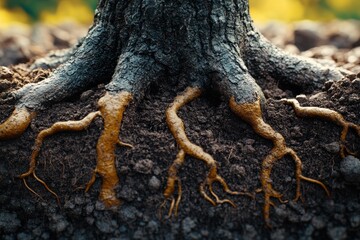 Obraz premium Roots of a sturdy tree emerge from rich soil in a vibrant forest during the golden hour of early evening