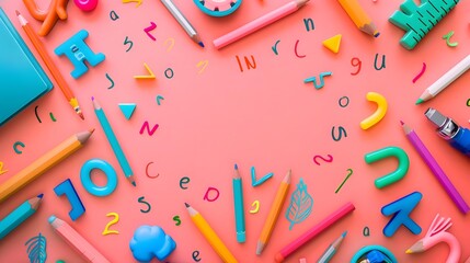Learning ABCs and 123s: Colorful Pencils, Letters, and Numbers on Pink Background; Engaging Educational Supplies for Creative Fun and Early Childhood Development