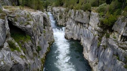 Powerful white rapids rushing through a rugged rocky canyon creating a dramatic and natural landscape  The fast moving turbulent waters flow swiftly down the steep rocky terrain