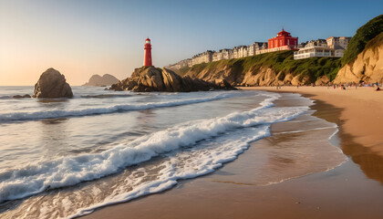 Explore scenic beach views with lighthouse and ocean waves for travel and vacation photography inspiration