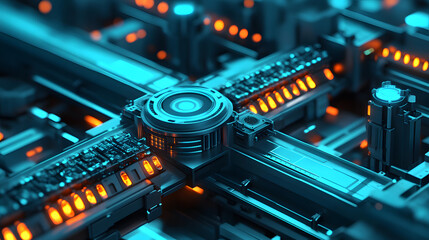 Minimalist Abstract Conveyor Belt with Geometric Shapes and Tech Glow