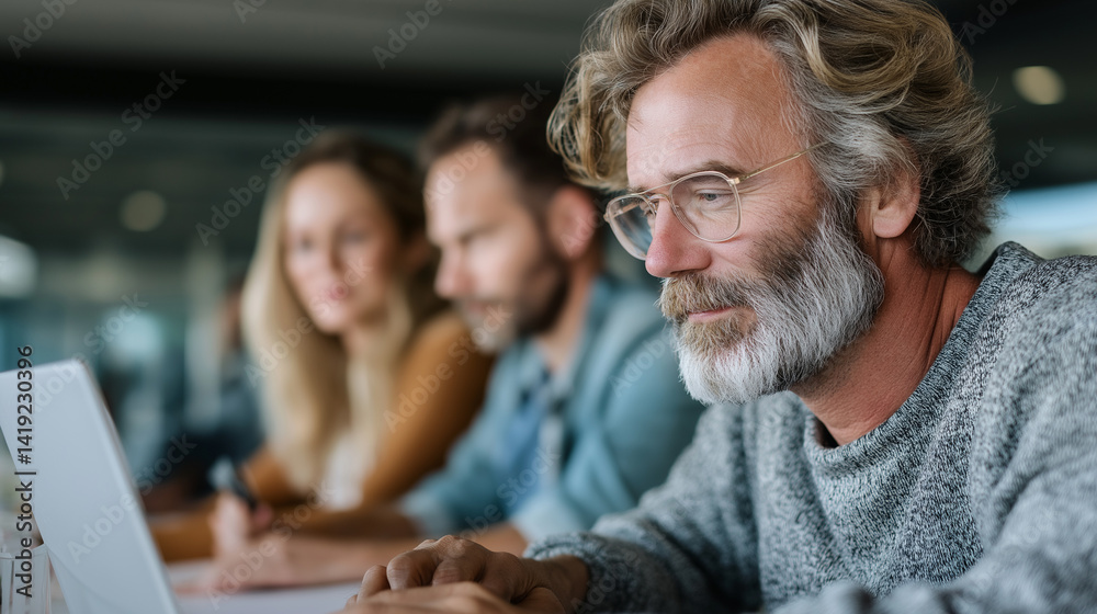 Poster in a sleek office setting, a focused digital marketing team brainstorms and develops engaging conten