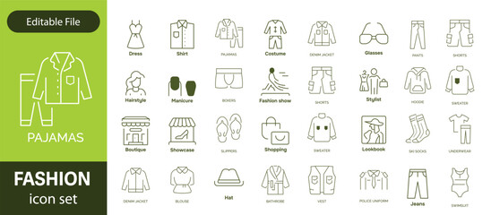 Set of line icons related to fashion, sewing, and clothing. Outline icon collection. clothes and cloth elements - minimal thin line web icon set. Outline editable icons collection. Dress,polo t-shirt