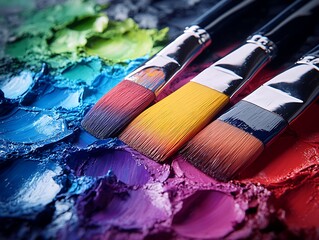 Fototapeta premium Artistic brushes laying on multicolored vivid oil paint textures backdrop