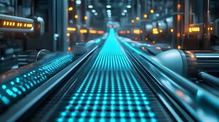 Minimalist Abstract Conveyor Belt with Geometric Shapes and Tech Glow