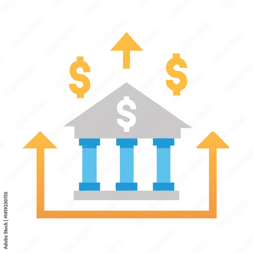 Aufkleber bank building with arrows icon representing financial transactions and services