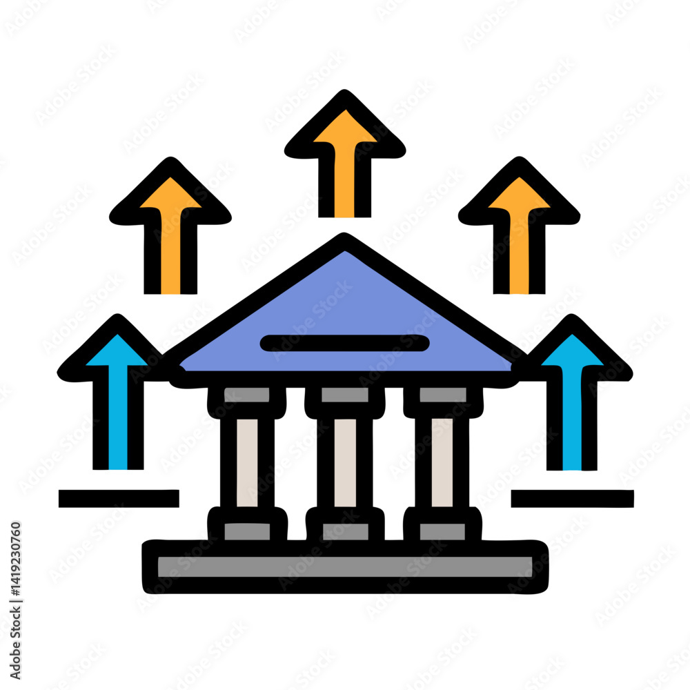 Aufkleber bank building with arrows icon representing financial transactions and services