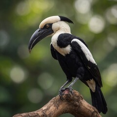 Fototapeta premium Oriental Pied Hornbill bird on piece of wood