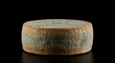 Aged Cheese Wheel Studio Shot: Textured Tan Beige Rind with Gray Blue Mold on Black Background