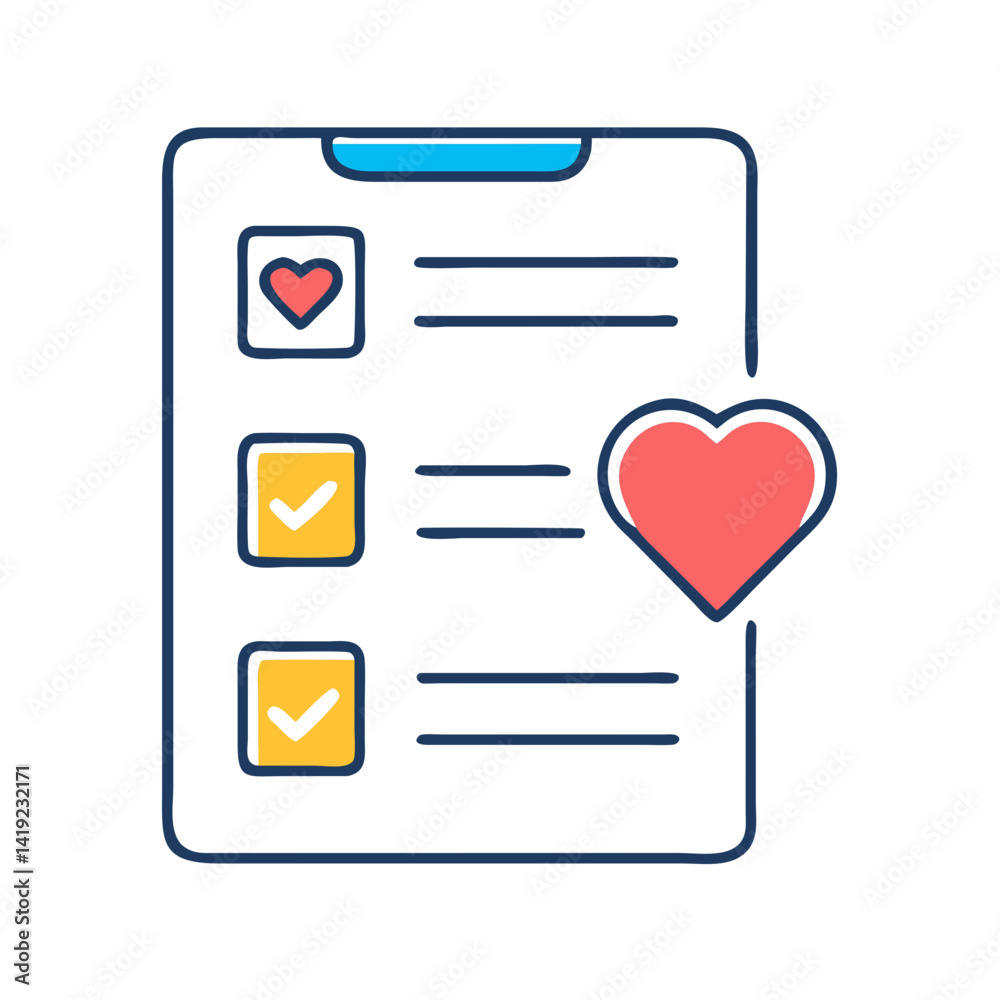 Poster checklist with heart icon representing customer satisfaction and loyalty