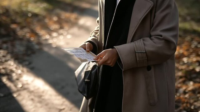 Protester discreetly hiding flyer under coat in dusk park