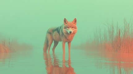 Obraz premium Lone Wolf in Misty Wetlands: A Serene Digital Painting