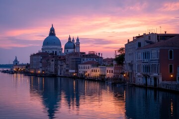 Fototapeta premium Visiting Venice Italy Grand Canal View at Sunset with Pink Sky
