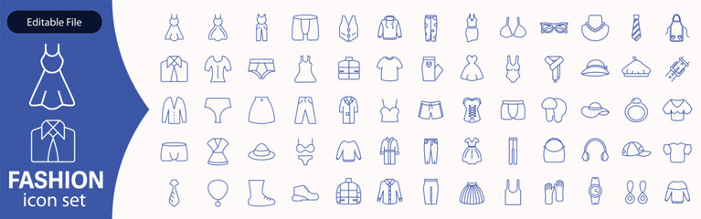 Set of line icons related to fashion, sewing, and clothing. Outline icon collection. clothes and cloth elements - minimal thin line web icon set. Outline editable icons collection. Dress ,polo t-shirt