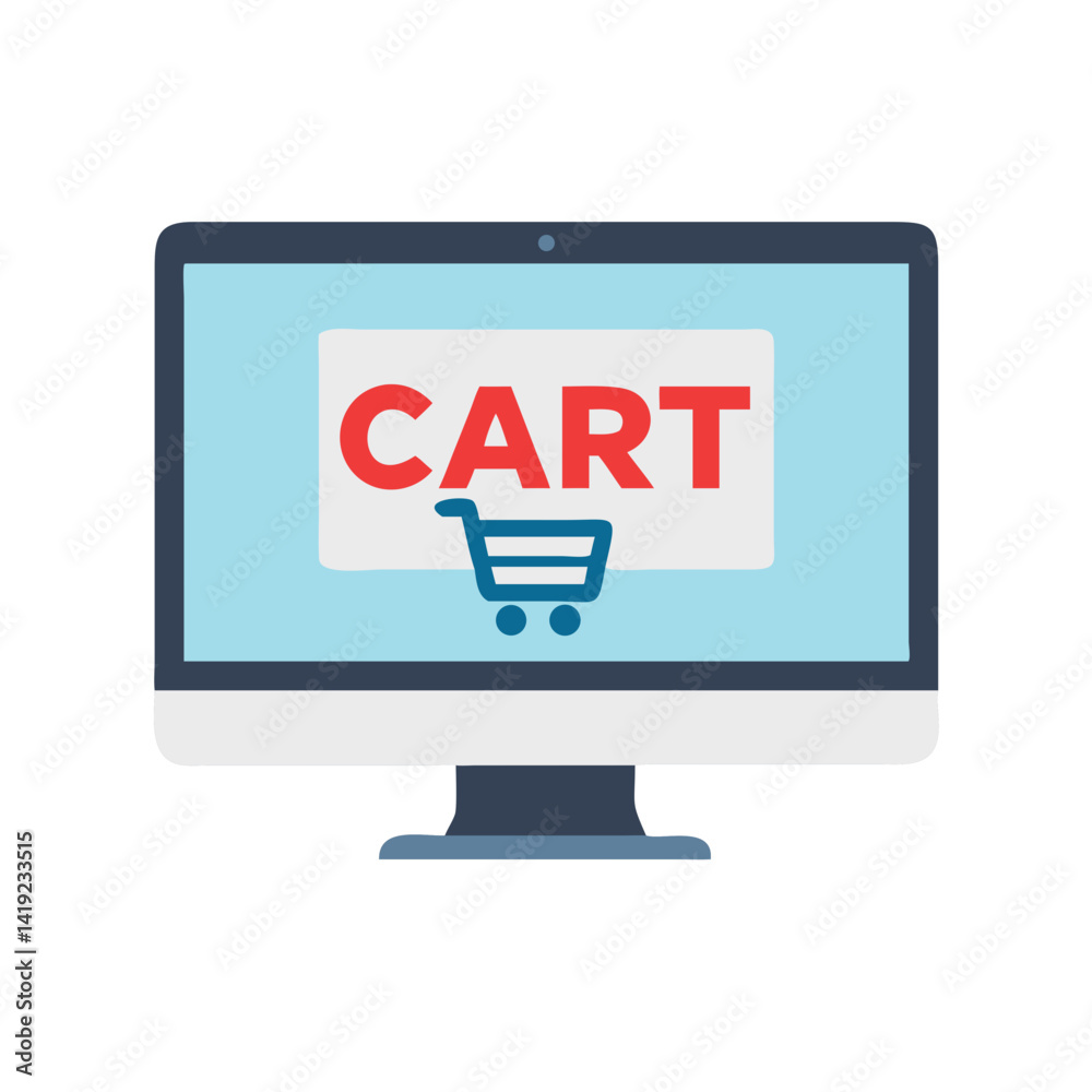 Poster desktop screen with cart icon representing online shopping and e-commerce