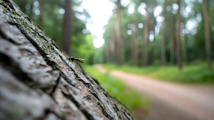 Obraz premium Closeup of a mosquito resting and blending seamlessly into the weathered textured bark of a tree trunk
