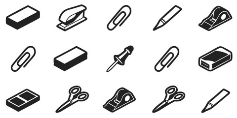 Vector of Office Supplies Icons Set with Eraser, Stapler, Paperclip, Scissors, and Tape Dispenser
