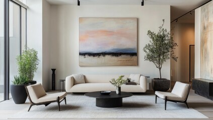 Fototapeta premium Modern living room with beige sofa, armchairs, large abstract artwork, potted plants, and a round coffee table
