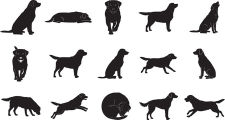 Flat full black vector silhouette set of medium-sized Labrador Retriever dog in 15 different poses, solid black shape, minimal style, side and front views