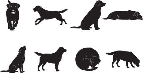 Flat full black vector silhouette set of medium-sized Labrador Retriever dog in 8 unique poses, solid black shape, minimal design, pet symbol, clean cutout
