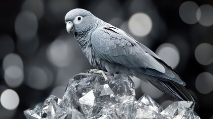 Obraz premium African Grey Parrot perched on a pile of sparkling crystal formations