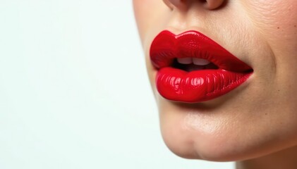 Obraz premium Close-up vibrant red lipstick, pristine white backdrop, studio shot, mouth, red lips