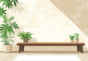 A wooden bench with a white rug sits in front of a beige wall with three potted plants, two in the foreground and one in the background