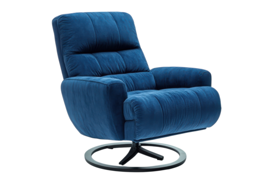 Luxurious swivel recliner chair deep blue velvet upholstery modern design stylish comfort on transparent background