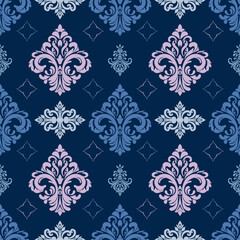 Vector seamless damask pattern with floral baroque elements in blue background. 