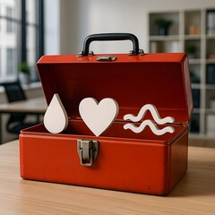 A conceptual illustration of a toolbox containing symbolic icons such as a tear, heart, and breath wave&mdash;representing tools for emotional self-regulation in the workplace