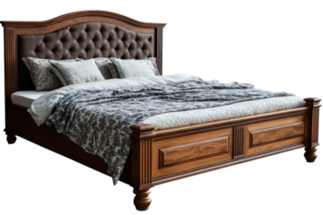Luxurious wooden bed with tufted headboard elegant bedding and classic design on a black on transparent background