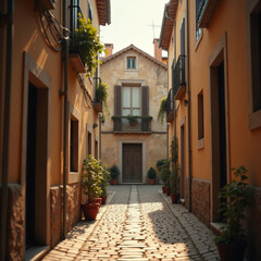 Fototapeta premium Vieux village ensoleillé : trottoir de pierre et façade patinée sous la lumière d'or du crépuscule