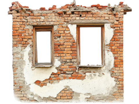 Ruined Brick Wall with Empty Window Frames: A Post-Apocalyptic Architectural Detail
