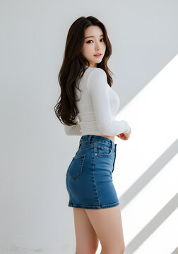 Young Beautiful Asian Woman Modeling Denim Jeans Skirt Shorts with White Tops Profile Side View Studio Fashion Set