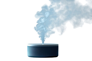 Modern blue humidifier emitting soothing steam against a black background providing tranquil on transparent background