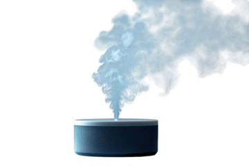 Modern blue humidifier emitting soothing steam against a black background providing tranquil on transparent background