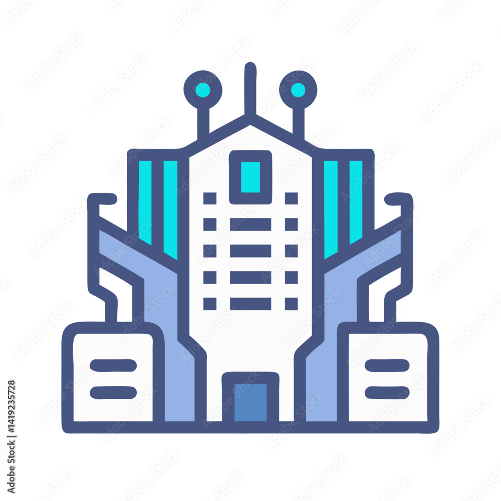 Poster Futuristic Building Icon Representing Cyberpunk Architecture and Urban Design