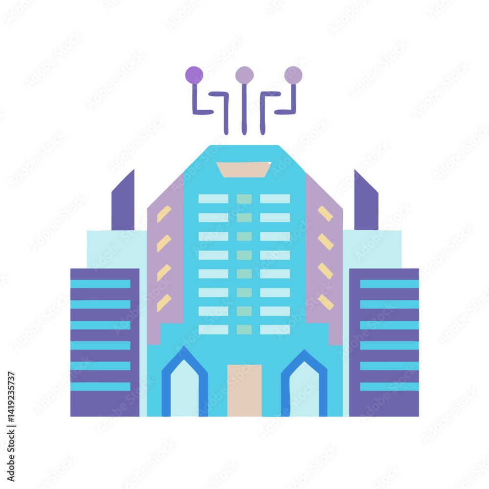 Poster futuristic building icon representing cyberpunk architecture and urban design