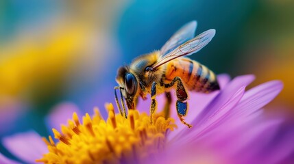 A close up view of a bee pollinating a flower