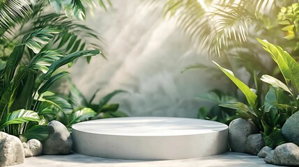 Blank Contemporary White Stone Podium, front view focus, with Green Stone and Tropical Leaves 