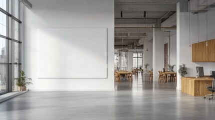 Modern Industrial Office with Large White Wall, Desks, Chairs, Grey Concrete Floor, and Wooden Cabinets