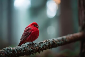Vibrant Red Bird Perched on Mossy Branch in Misty Forest