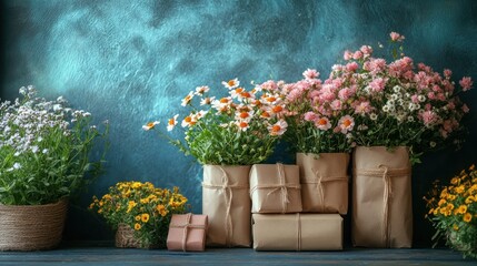 Handmade goods spring sale with rustic textures, twine-wrapped packaging and blooming flowers