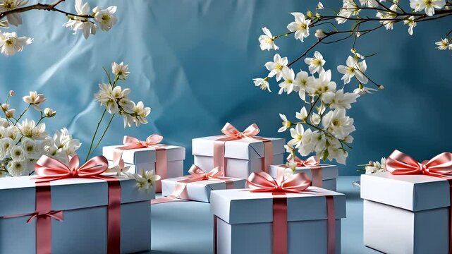 Elegant gift boxes with red ribbons and blossoms on silky satin background