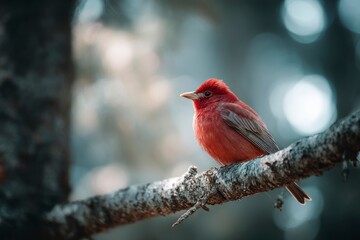 Red Bird Perched on Branch in Forest Natural Light Portrait