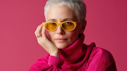 Stylish woman in vibrant pink turtleneck and yellow sunglasses