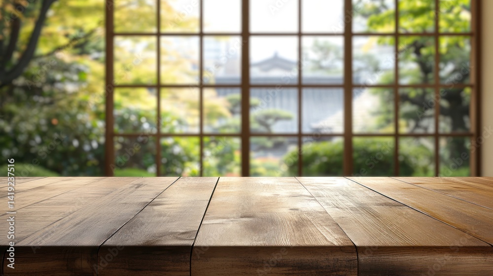 Poster empty wooden table in front of a japanese garden view